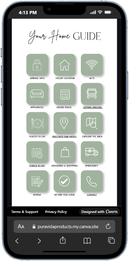 A phone showing a home guide menu: arrival info, wifi, appliances, house rules, places to eat, emergency and more